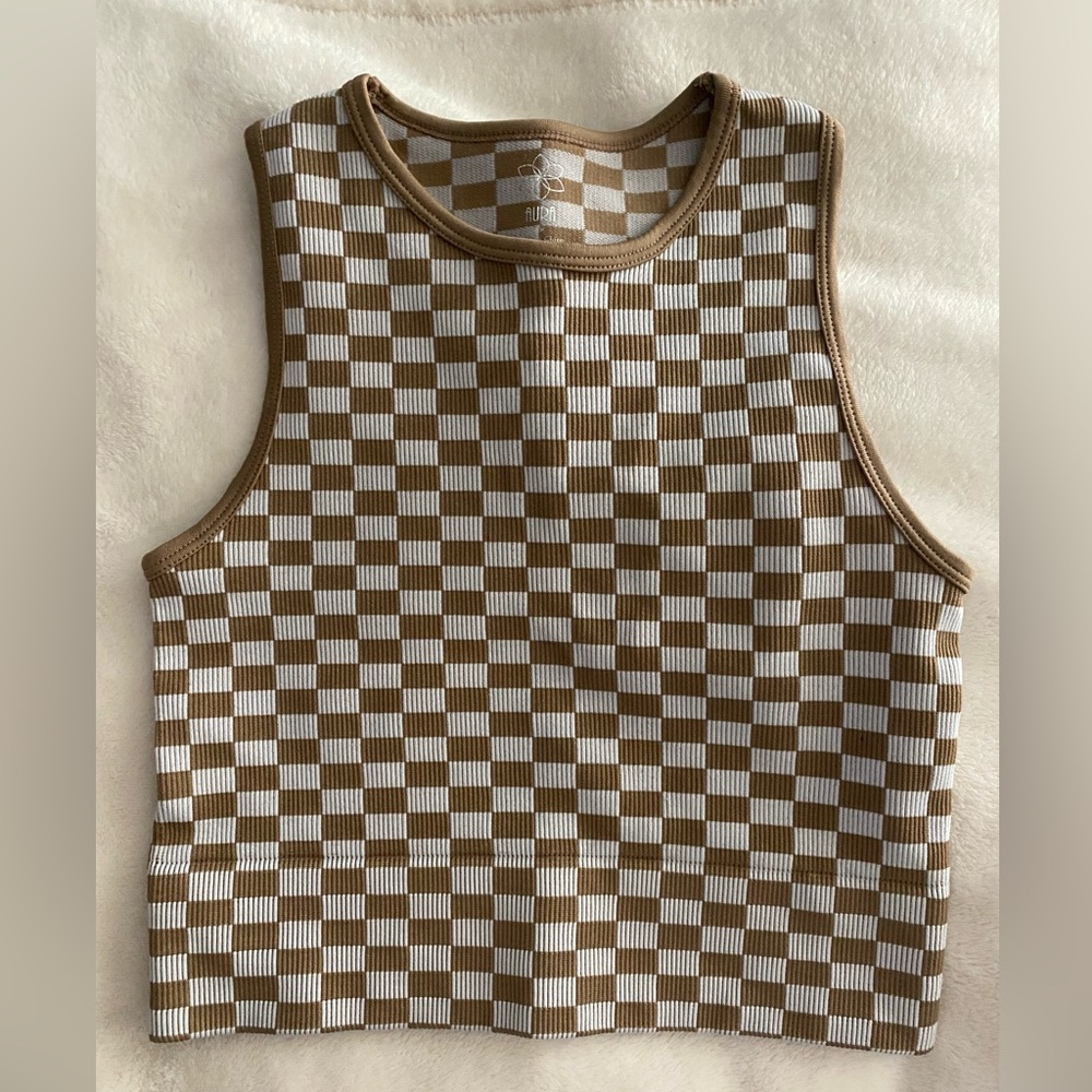 Aura sleeveless tan and cream shirt